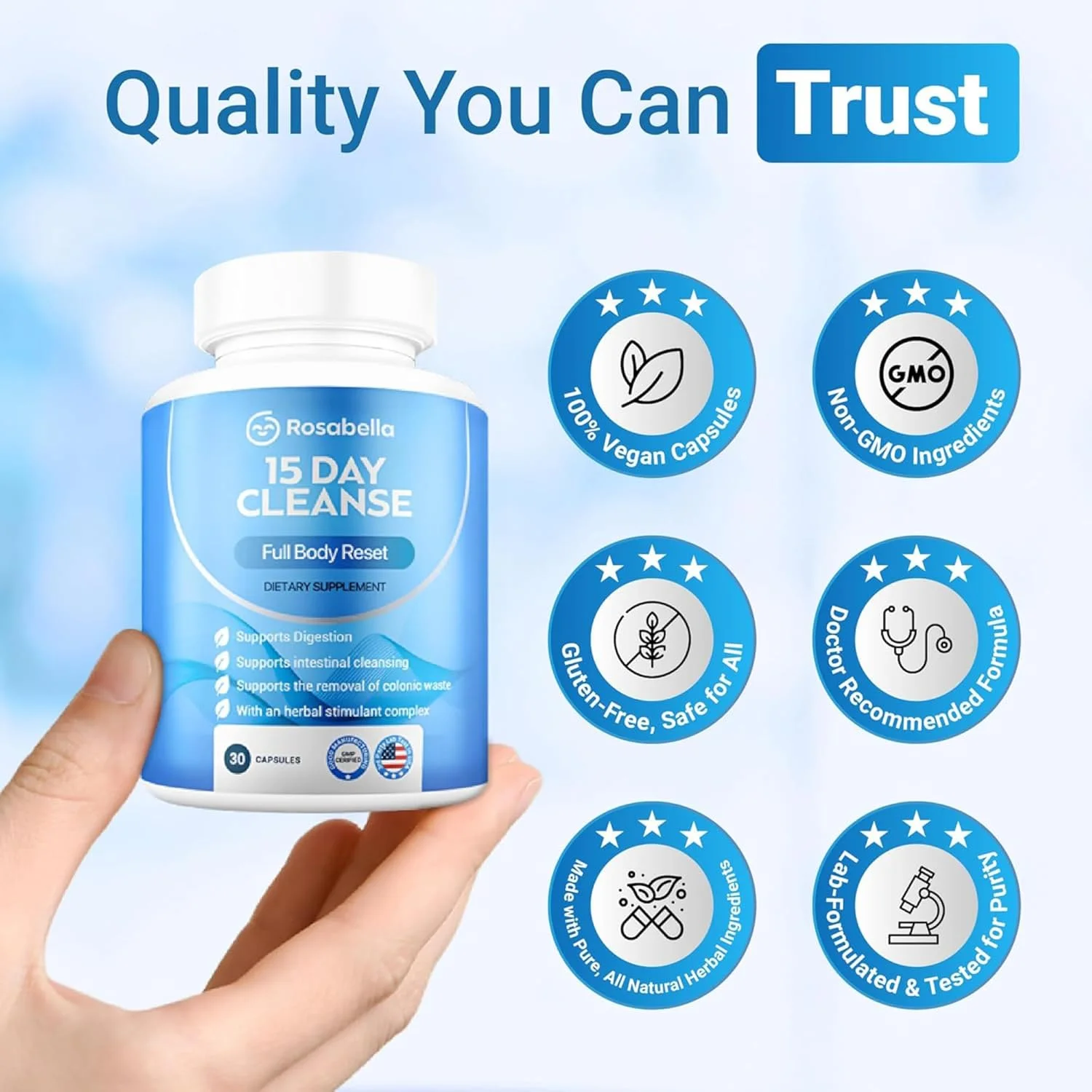پاکسازی 15 روزه رُزابلا - سم زدایی کامل بدن و پاکسازی روده بزرگ برای آقایان و بانوان - قرص های سم زدایی و پاکسازی روده برای سلامت دستگاه گوارش و رفع نفخ - فرموله شده توسط پزشک، غیر GMO، 30 کپسول گیاهی