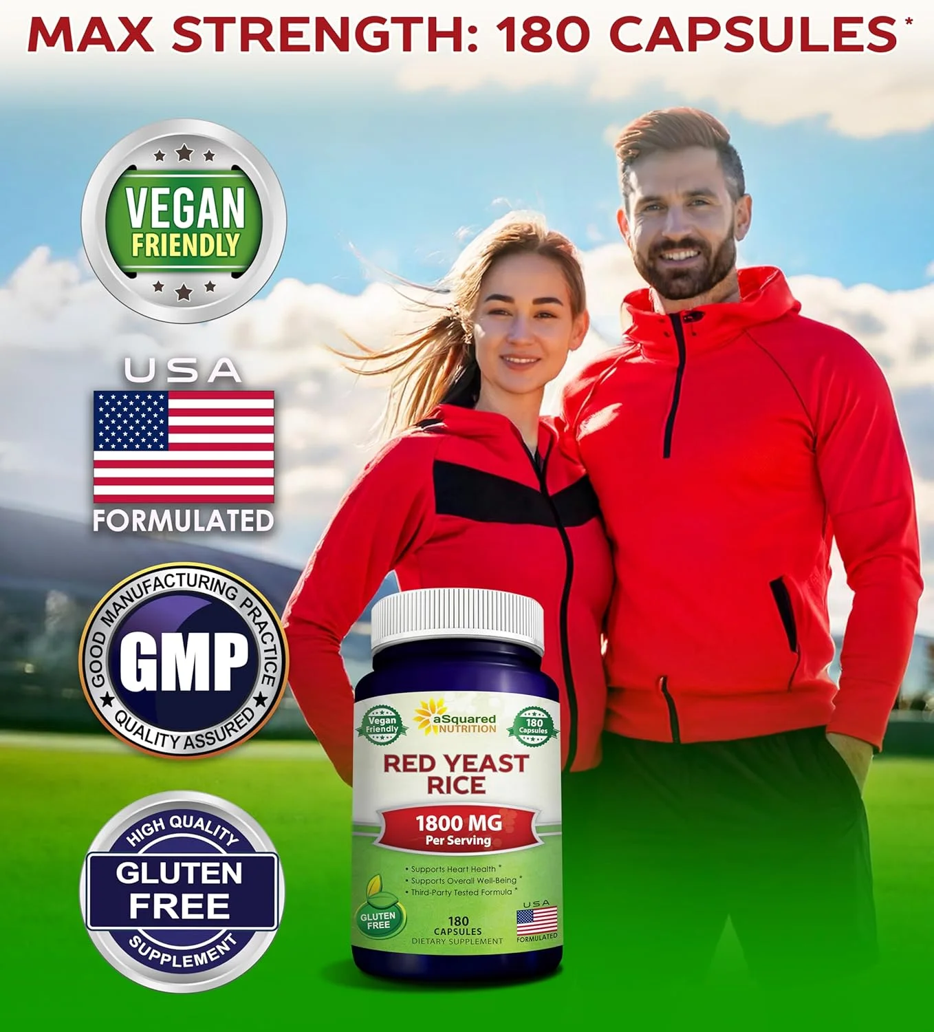 برنج مخمر قرمز aSquared Nutrition 1800 میلی گرم - مکمل غذایی پودر گیاهی برای حمایت از سلامت قلب و عروق - 180 کپسول گیاهی