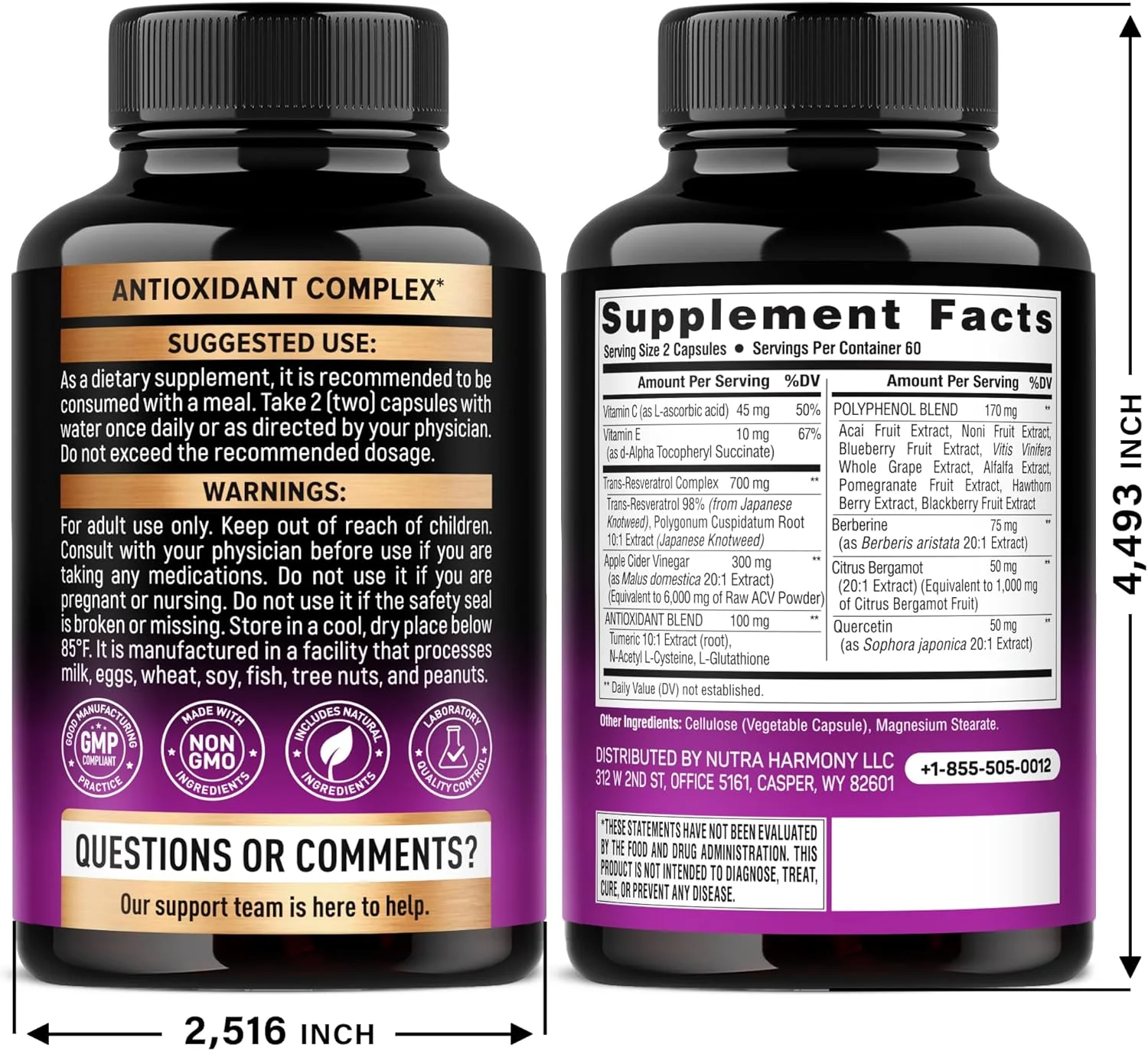 مکمل رزوراترول - کمپلکس پلی فنول ارگانیک 19 در 1 - عصاره نونی | بربرین | کوئرستین | سرکه سیب | آکای - ساخت آمریکا - آنتی اکسیدان و پشتیبانی از سلامت قلب - 120 کپسول