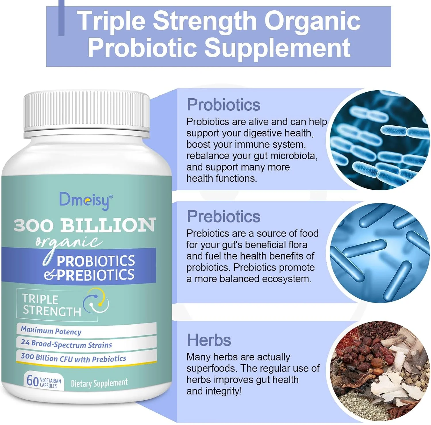پروبیوتیک برای زنان و مردان، 300 میلیارد CFU، 24 سویه پروبیوتیک + 15 ترکیب گیاهی ارگانیک پری‌بیوتیک، مکمل سلامت روده پایدار برای سلامت دستگاه گوارش، سیستم ایمنی و کل بدن، تامین 6 ماهه