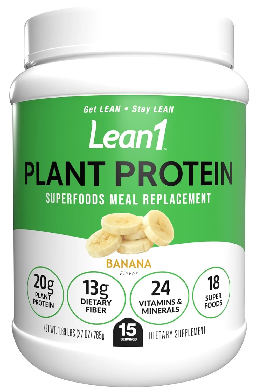 پودر پروتئین گیاهی Lean1، جایگزین غذا، طعم موز، 15 سروینگ پودر پروتئین گیاهی Lean1، جایگزین غذا، طعم موز، 15 سروینگ