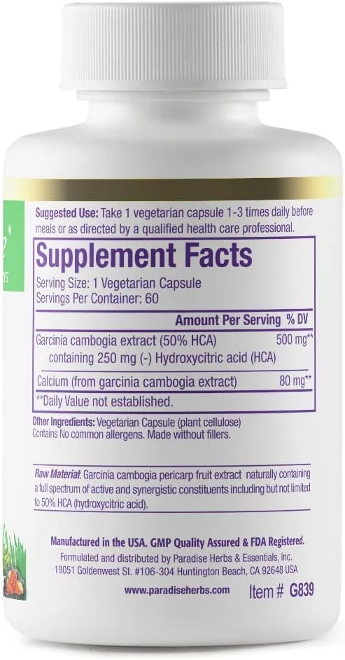 عصاره گارسینیا کامبوجیا Paradise Herbs، طیف کامل فعال، فوق العاده قوی، بسیار خالص، وگان، بدون گلوتن، غیر GMO، 60 کپسول گیاهی