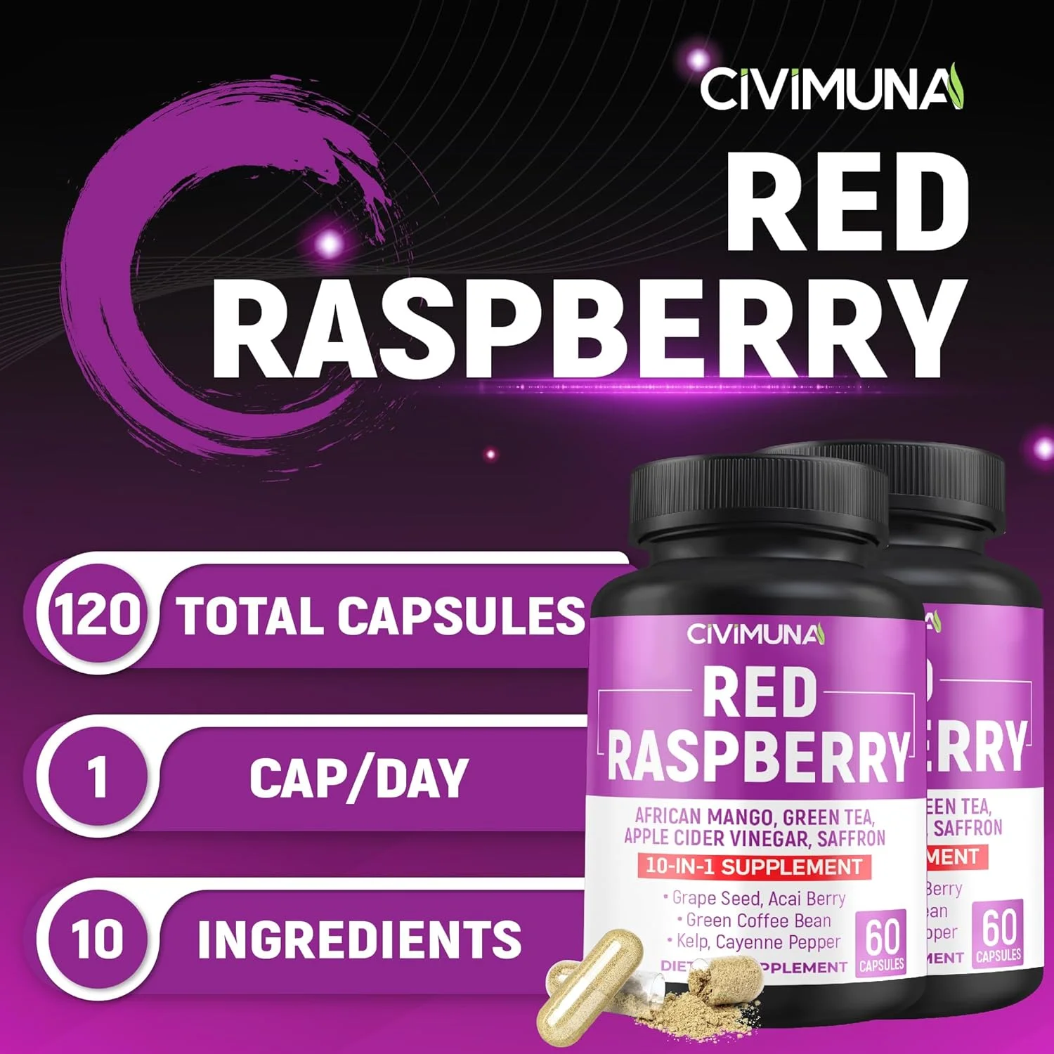 کپسول تمشک قرمز حاوی تمشک قرمز، دانه انبه آفریقایی، برگ چای سبز و موارد دیگر - 120 کپسول، تامین 4 ماهه (بسته 2 عددی)