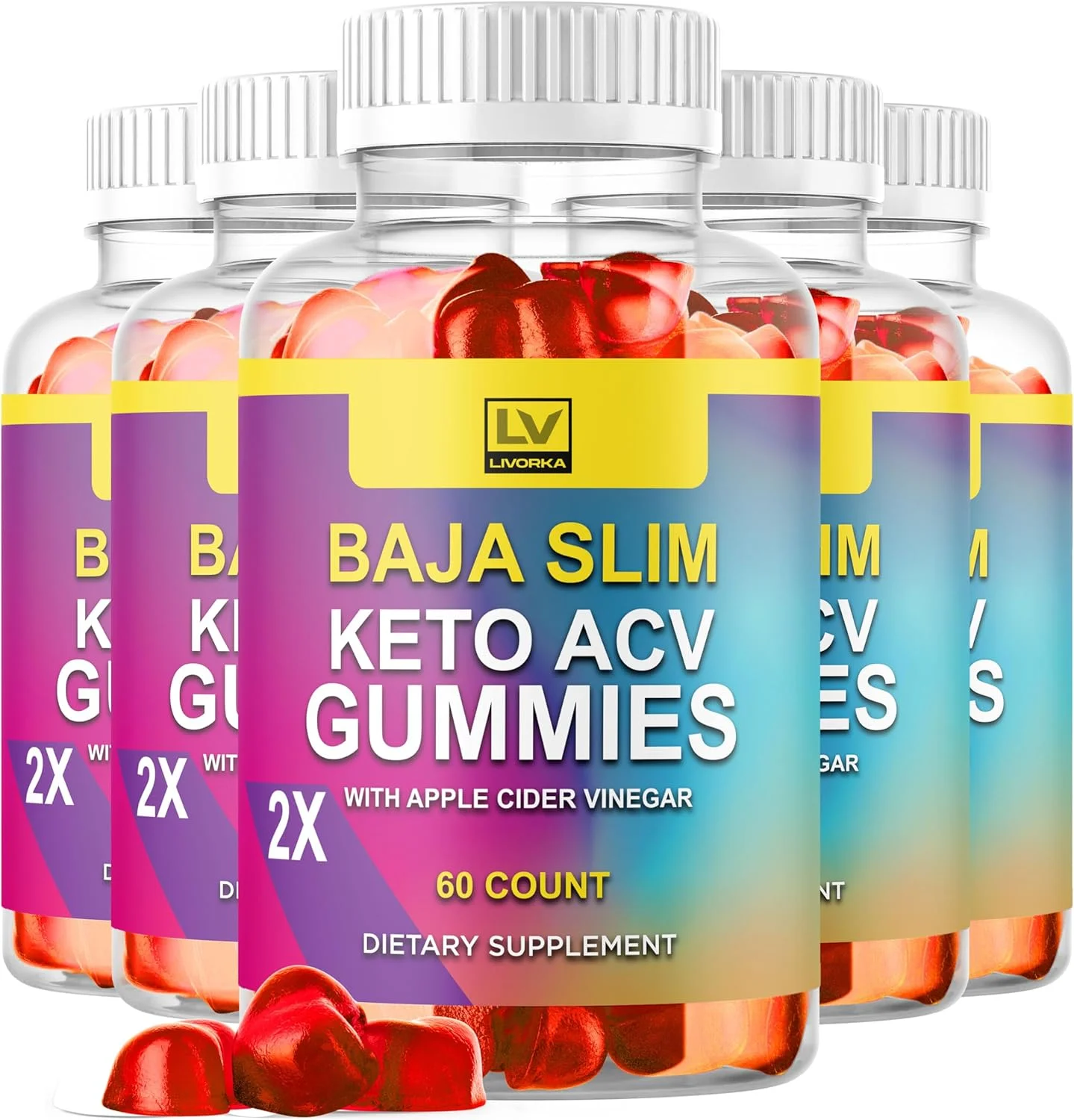 (بسته 5 عددی) پاستیل های لاغری باجا اسلیم کتو - مکمل پاستیلی باجا اسلیم، فرمول پیشرفته، باجا اسلیم ACV کتو 1050 میلی گرم - سرکه سیب، بررسی های چای سبز گومیتاس کاملا طبیعی، 300 پاستیل