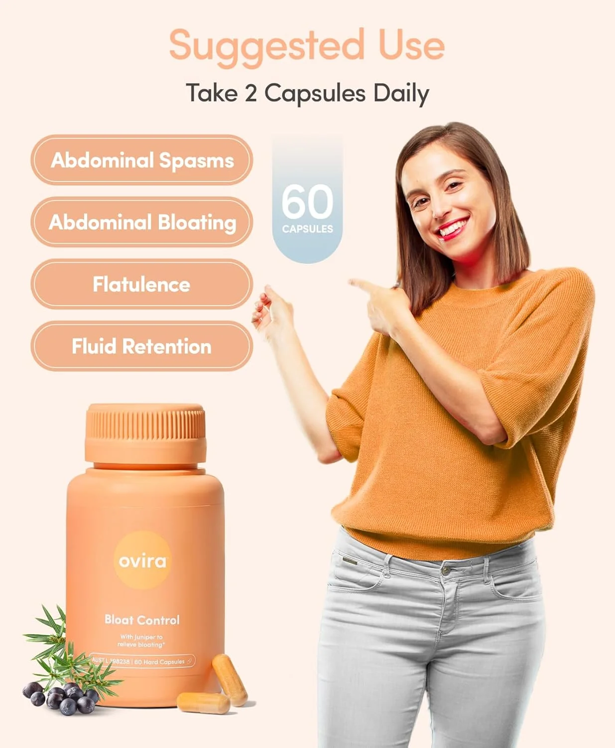 کنترل نفخ Ovira با JUNICLEAR - حاوی درخت اَرَس برای تسکین گاز و نفخ در زنان و مردان - کاهش احتباس آب، ارتقاء سلامت دستگاه گوارش و سلامت روده - 60 کپسول گیاهی، بسته 1 عددی
