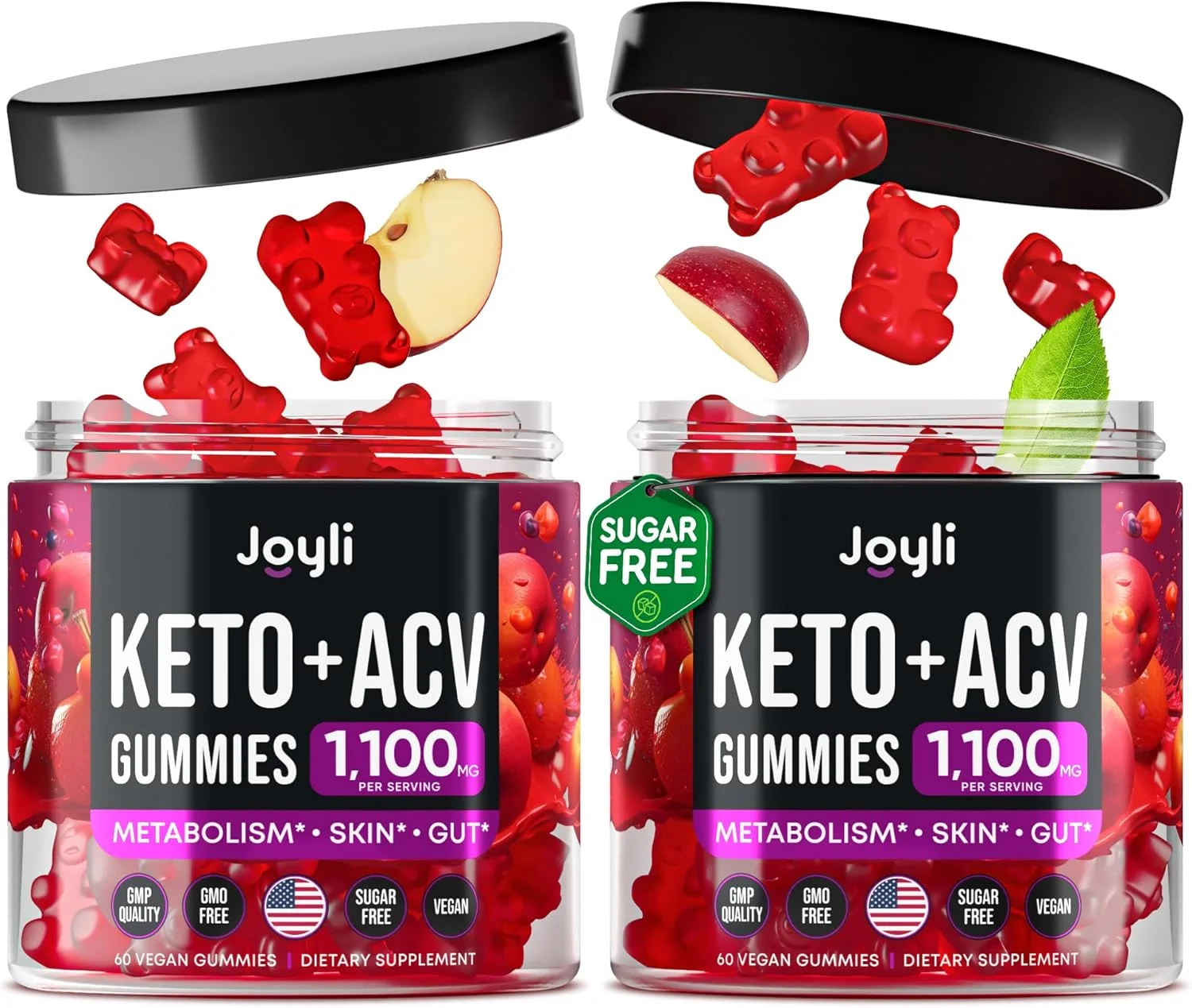 JOYLI Nutrition (بسته 2 عددی آدامس های پیشرفته کتو ACV - سرکه سیب بدون شکر - مکمل های کتو + ریشه گل ختمی - جایگزین کپسول های سرکه سیب - 120 آدامس)