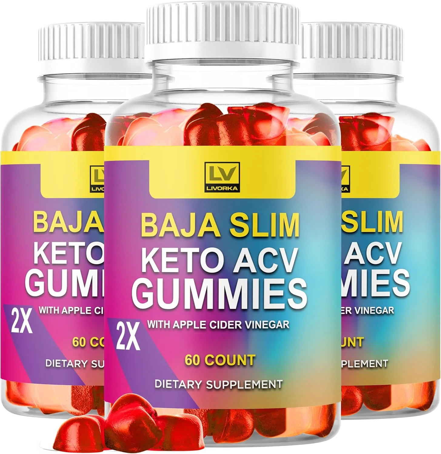 (بسته 3 عددی) پاستیل های لاغری باجا اسلیم - مکمل پاستیلی باجا اسلیم، فرمول پیشرفته، باجا اسلیم ACV 1050 میلی گرم - سرکه سیب، چای سبز گومیتاس کاملا طبیعی، 180 پاستیل