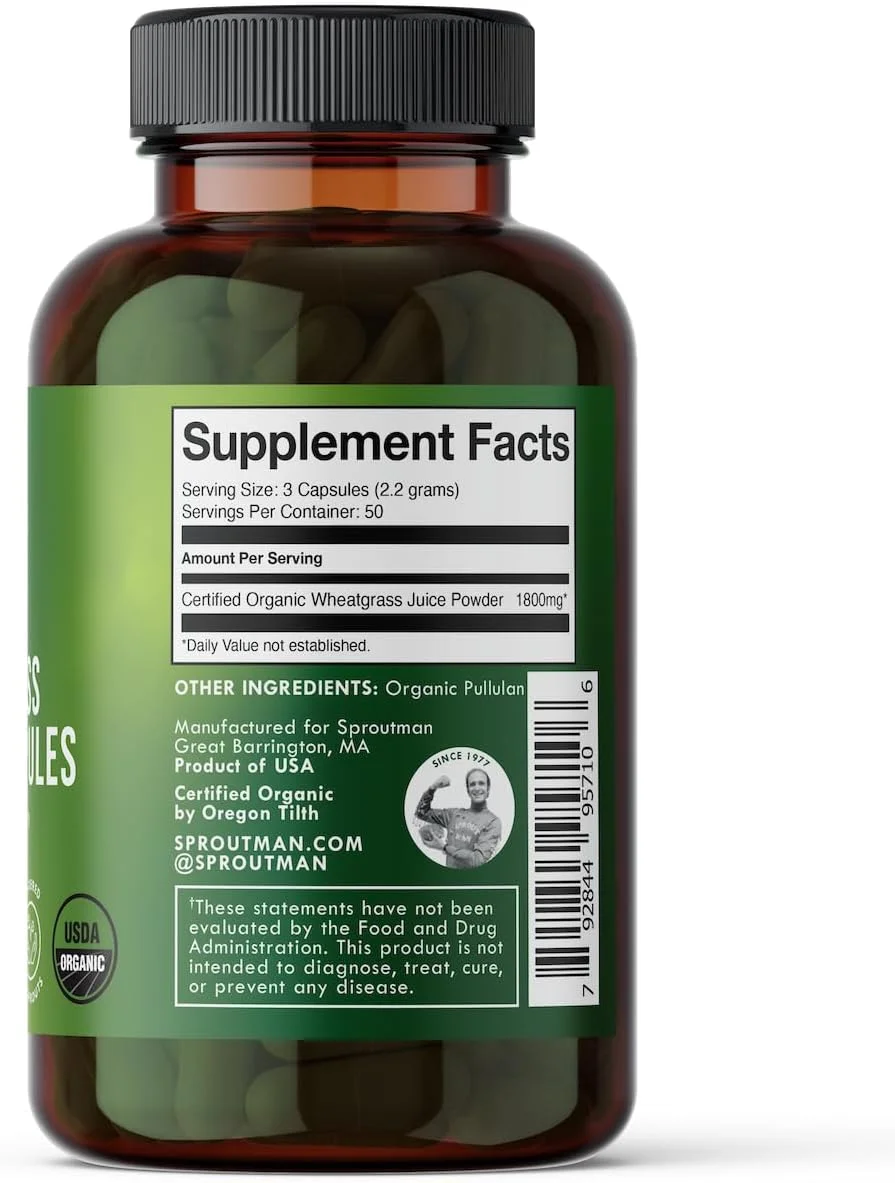 کپسول پودر آب علف گندم ارگانیک Sproutman - علف گندم 100% خالص - کمک به هضم - سرشار از ویتامین ها، آنتی اکسیدان ها، کلروفیل، آنزیم ها، مواد معدنی و انرژی (150 عدد)