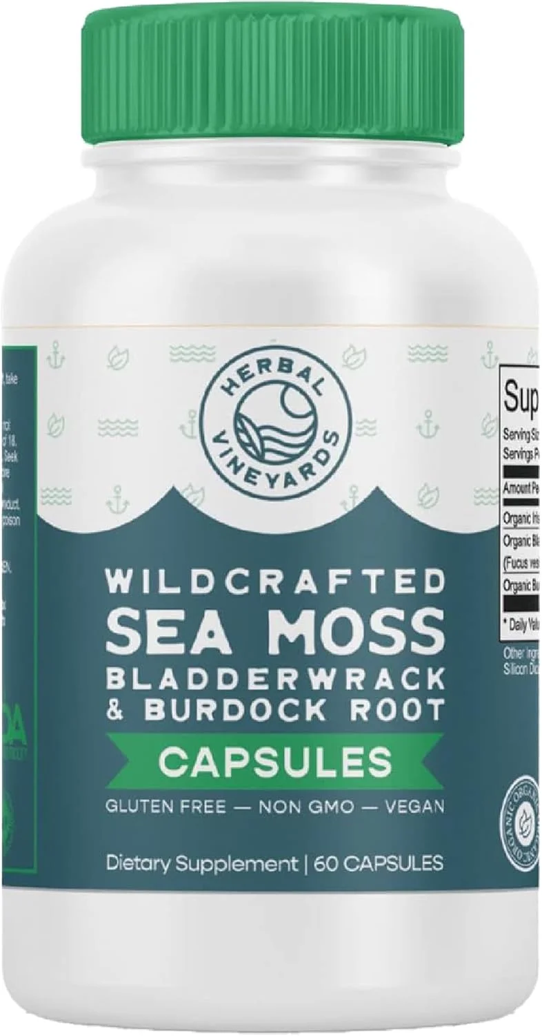 کپسول سبزیجات ارگانیک و دست‌ساز Herbal Vineyards، 60 عدد | 1500 میلی‌گرم | بسته‌ی 1 عددی | حاوی خزه دریایی ایرلندی، فوکوس وزیکولوسوس و ریشه باباآدم، پشتیبانی از سیستم ایمنی، پوست سالم و انرژی | تقویت‌کننده قوی ایمنی