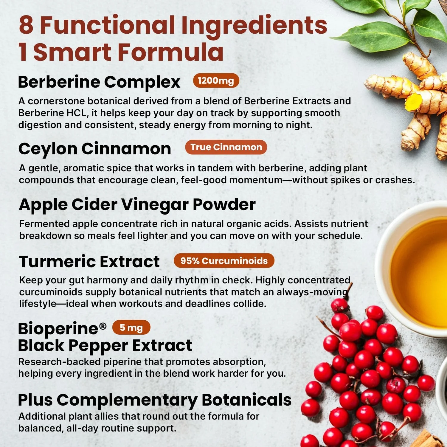 مکمل سوپر بربرین با دارچین سیلان، بیوپرین، سرکه سیب و زردچوبه 1500 میلی گرم - مکمل دی هیدروبربرین 8 در 1 برای سلامتی کلی و حمایت از تعادل، 120 عدد