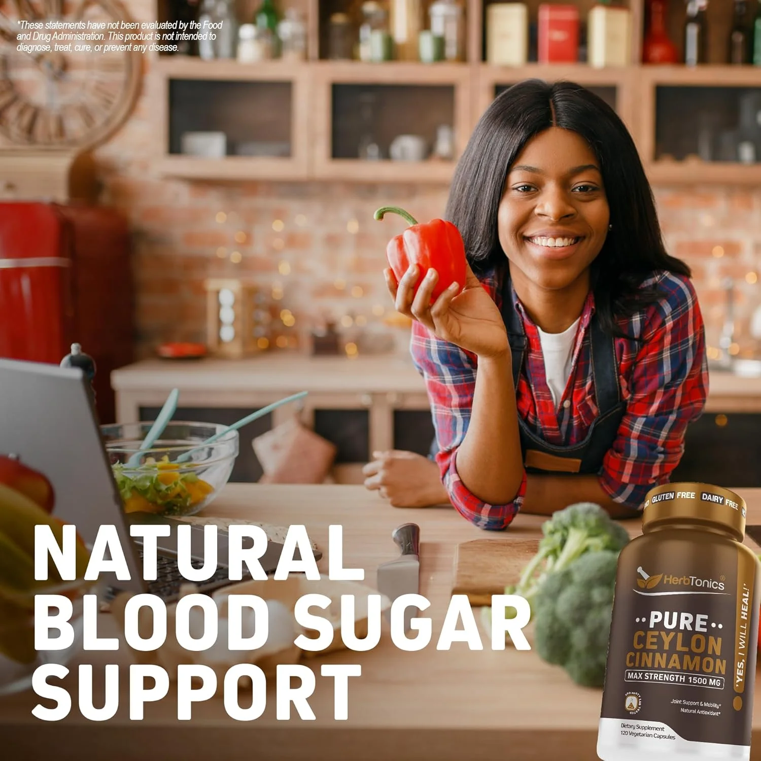 کپسول دارچین سیلان خالص Herbtonics | سیستم ایمنی، مدیریت وزن سالم | غیر GMO، بدون گلوتن | 1500 میلی گرم - 120 کپسول