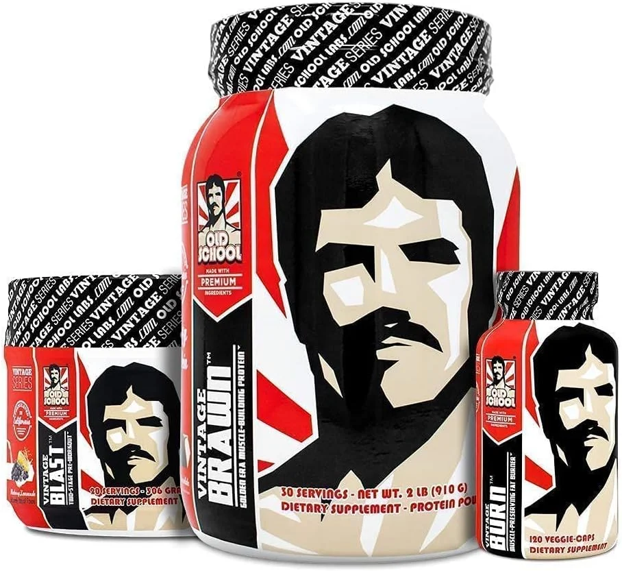 مجموعه عضله سازی - مکمل انرژی Vintage Burn، ترکیب پروتئینی ممتاز Vintage Brawn، مکمل قبل از تمرین دو مرحله ای Vintage Blast