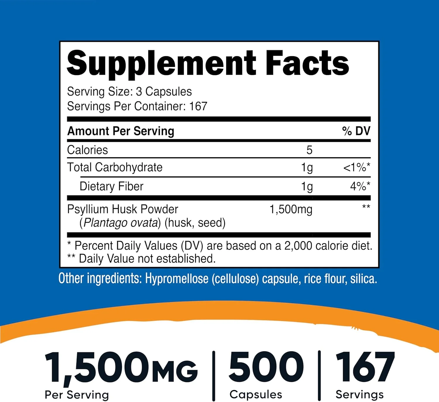 پسیلیوم هاسک نوتری‌کاست ۱۵۰۰ میلی‌گرم در هر سروینگ، ۵۰۰ کپسول - غیر تراریخته و بدون گلوتن