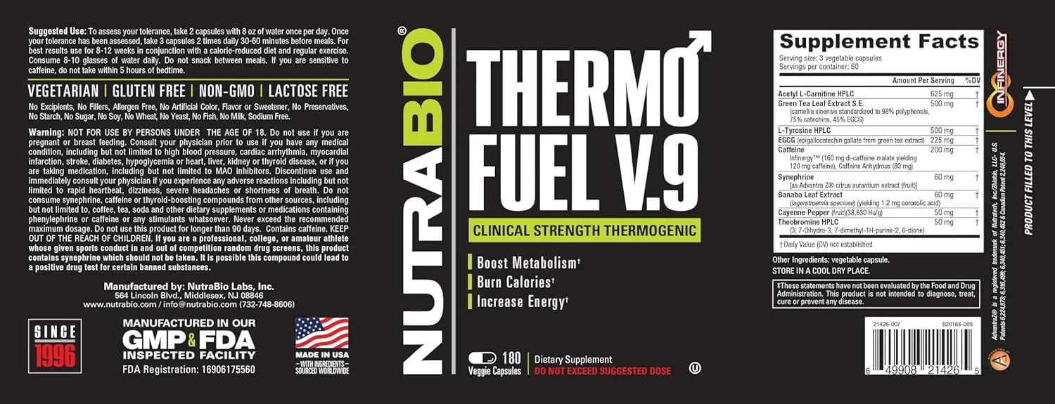 نوتراBio ThermoFuel V.9 برای آقایان و بانوان - تقویت کننده متابولیسم و ​​سرکوب کننده اشتها - چربی سوز ترموژنیک - 180 کپسول