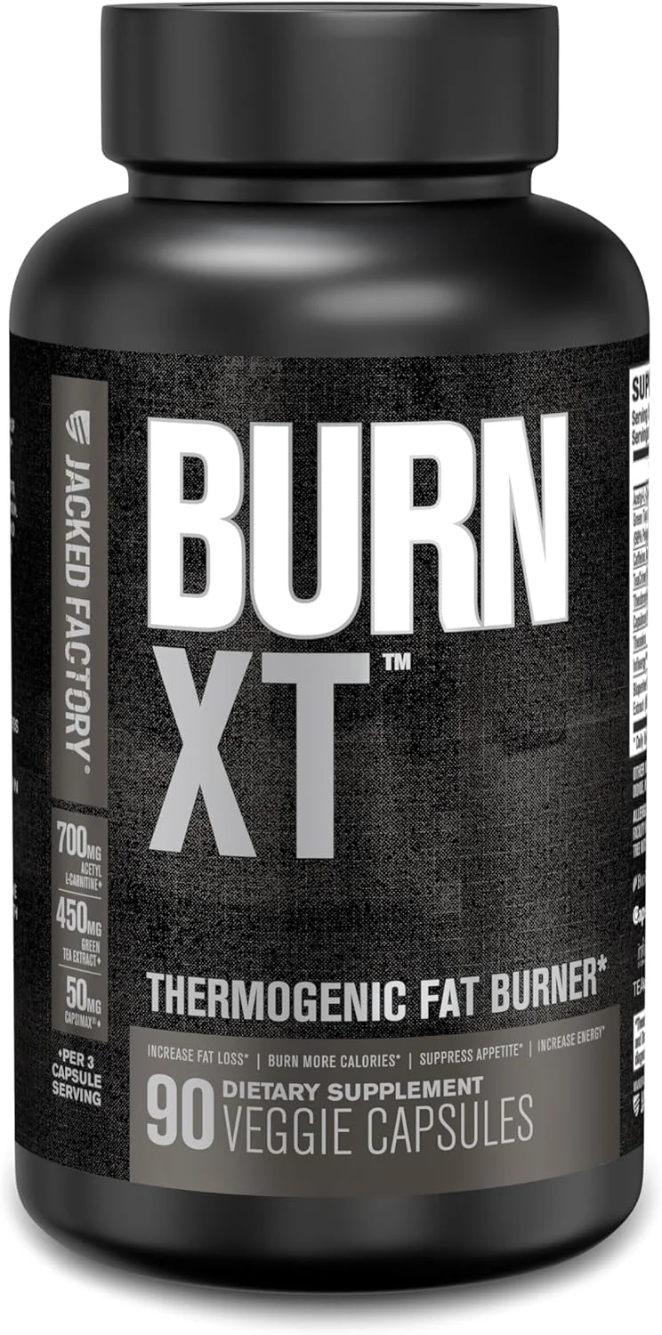مکمل چربی سوز ترموژنیک جکد فکتوری Burn XT Black - مکمل کاهش وزن، سرکوب کننده اشتها، تقویت کننده انرژی نوتروپیک | TeaCrine، استیل ال-کارنیتین، عصاره چای سبز - 90 عدد قرص گیاهی رژیمی