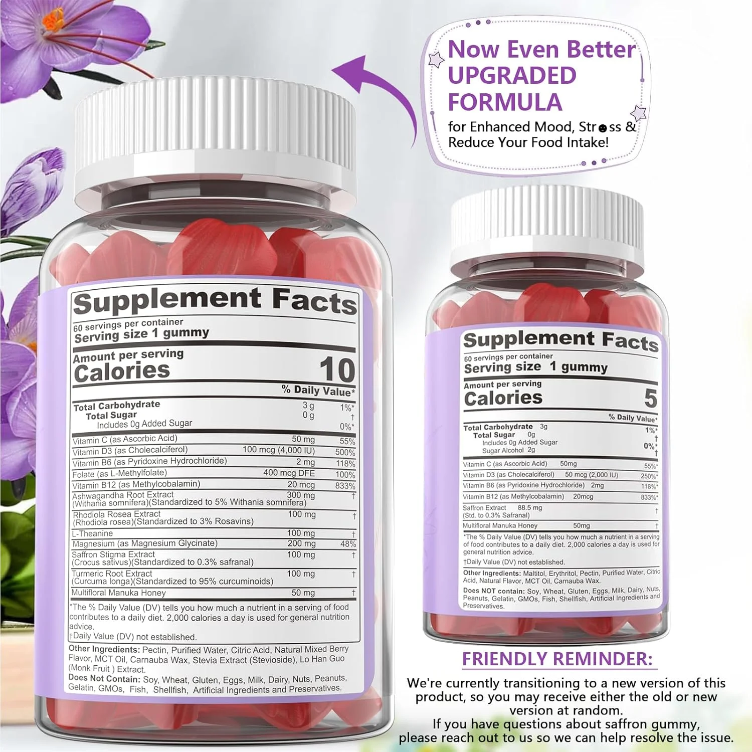 پاستیل مکمل زعفران ۱۰۰ میلی‌گرم - عصاره ۱۰۰٪ خالص زعفران به همراه گلیسینات منیزیم، ال-تیانین، زردچوبه، آشوآگاندا، عسل و کمپلکس ویتامین B برای خلق و خو و انرژی، آنتی‌اکسیدان و شادابی - ۱۲۰ عدد