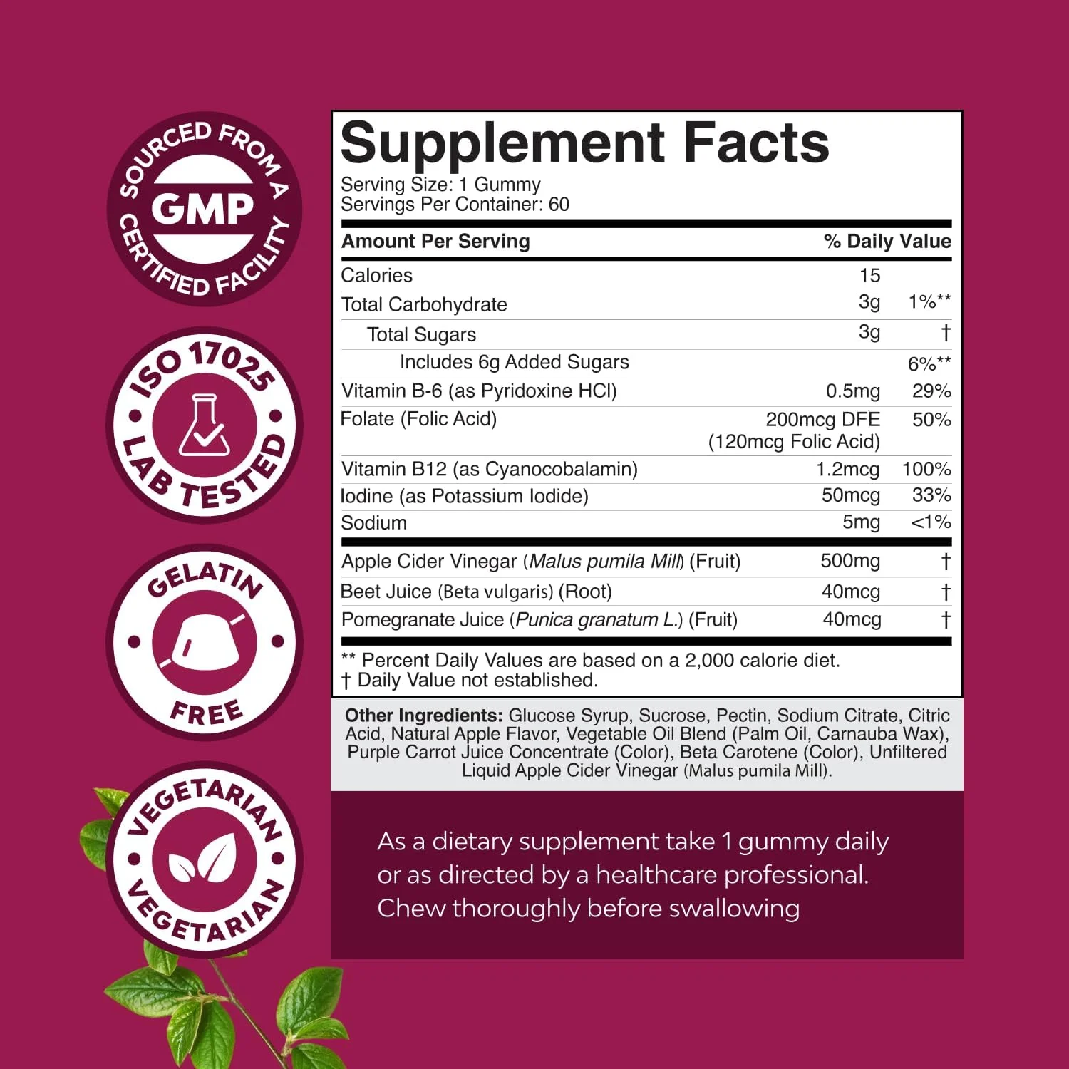 پاستیل سرکه سیب با مادر - پاستیل های پاک کننده و سم زدای سرکه سیب برای کاهش وزن، سلامت روده، نفخ، متابولیسم و ​​تقویت انرژی - سرکه سیب با مادر با ویتامین B12، B6 و انار - 60 عدد