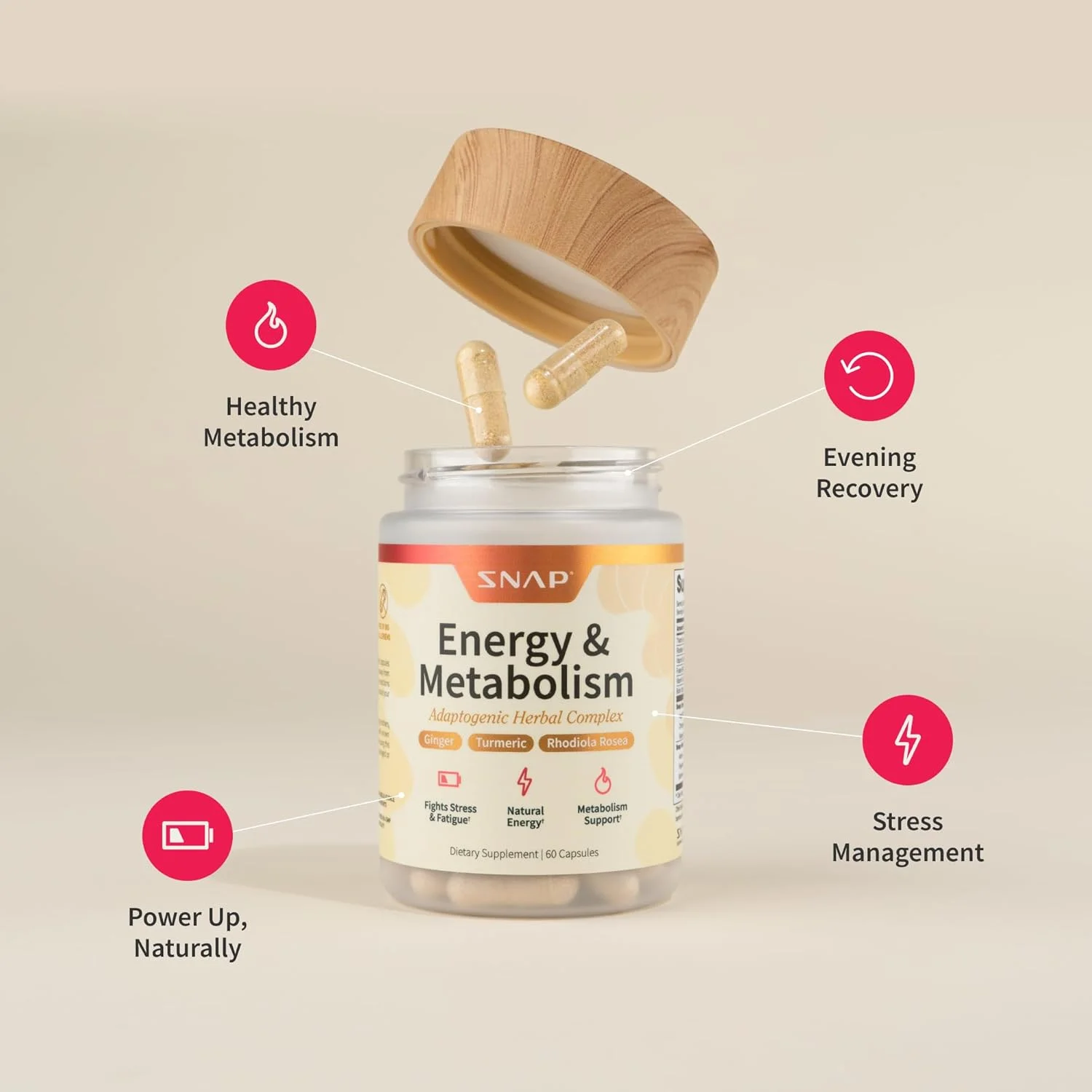 کمپلکس گیاهی انرژی و متابولیسم اسنپ ساپلمنتس برای خستگی، کاهش استرس، افزایش انرژی و بهبود خلق و خو، قرص انرژی برای زنان و مردان، 60 کپسول (30 سروینگ، تامین یک ماهه)