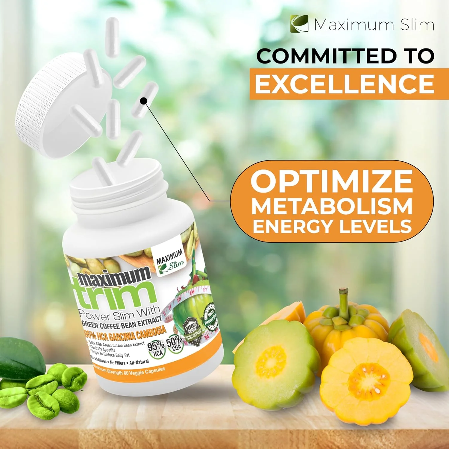 فرمولاسیون موثر کاهش وزن مکسیمم اسلیم، گارسینیا کامبوجیا با عصاره دانه قهوه سبز، کاملا طبیعی، کاهش اشتها و چربی سوز - بسته یک ماهه