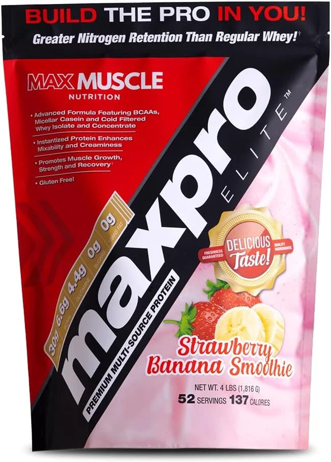 پودر پروتئین وی مکس ماسل مکس پرو الیت | 30 گرم پروتئین | 0 گرم شکر | 6.6 گرم BCAA | پروتئین وی ایزوله فیلتر شده سرد میسلار کازئین | افزایش رشد و ریکاوری عضلات (موز توت فرنگی، 4 پوند)