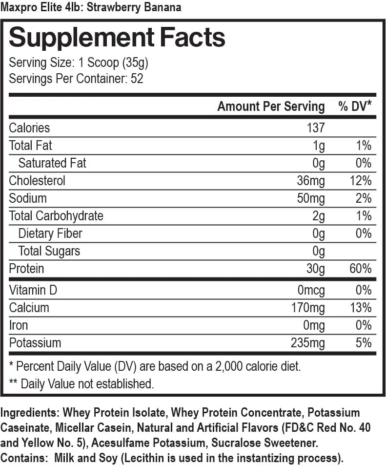 پودر پروتئین وی مکس ماسل مکس پرو الیت | 30 گرم پروتئین | 0 گرم شکر | 6.6 گرم BCAA | پروتئین وی ایزوله فیلتر شده سرد میسلار کازئین | افزایش رشد و ریکاوری عضلات (موز توت فرنگی، 4 پوند)