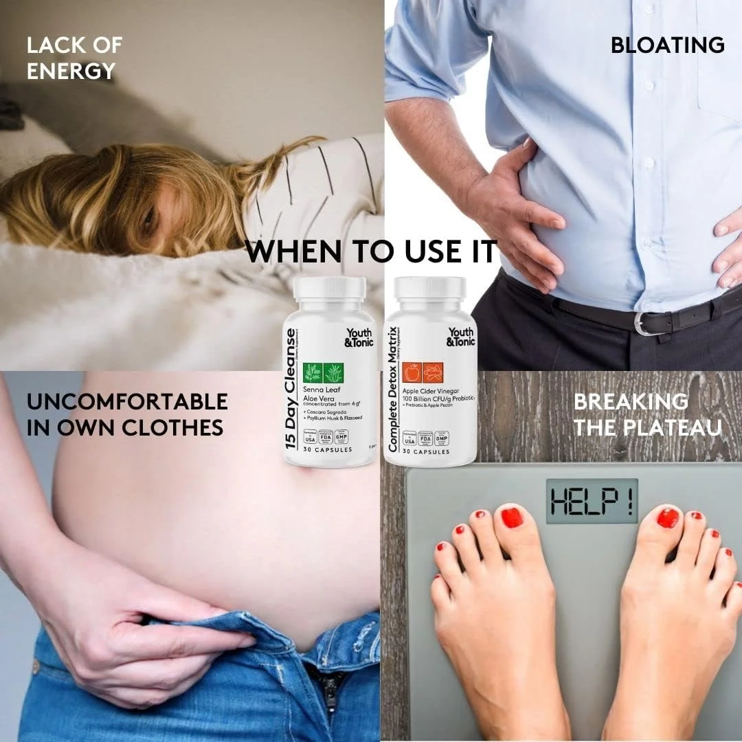 مجموعه پاکسازی سموم، شروع مدیریت وزن و پاک کننده اضافی روده. بسته 4 عددی برای کاهش آب بدن، نفخ، شکم صاف، پف کردگی با سرکه سیب، برگ سنا، گلوکومانان، کروم، پروبیوتیک 120 قرص