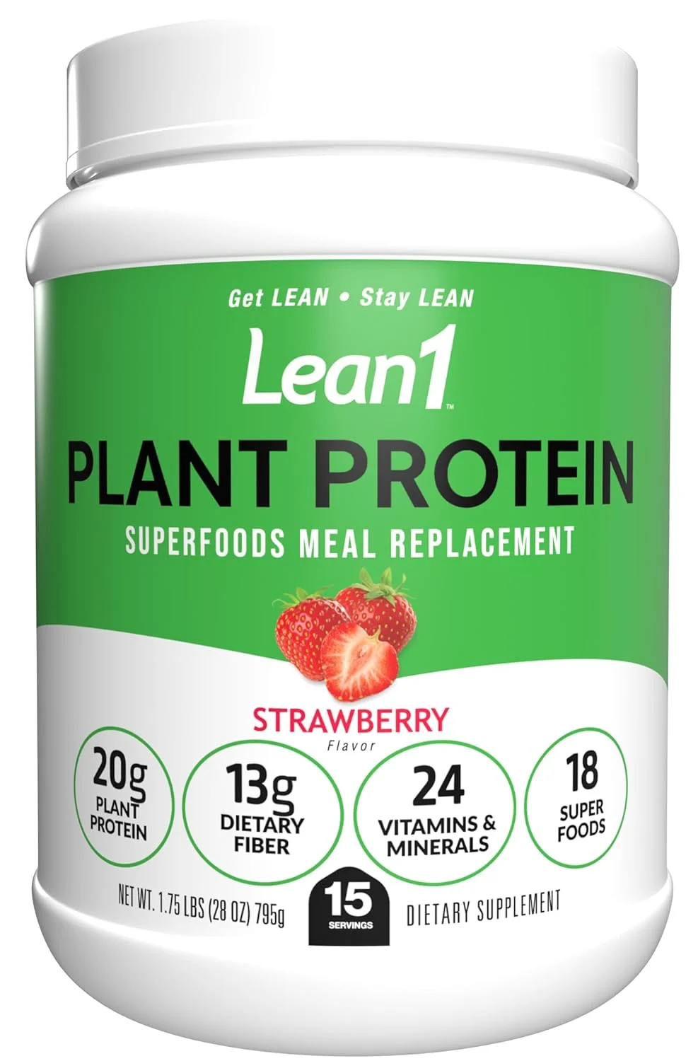 پودر پروتئین گیاهی Lean1، جایگزین وعده غذایی، طعم توت فرنگی، 15 سروینگ