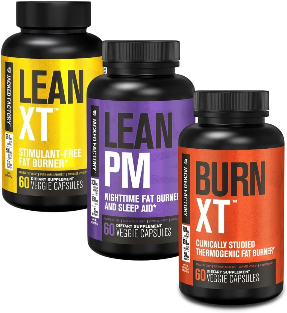 مجموعه ۲۴ ساعته کاهش وزن Jacked Factory شامل Burn-XT (۶۰ کپسول) + Lean-PM (۶۰ کپسول) + Lean-XT (۶۰ کپسول) به همراه چربی سوزهای ترموژنیک با مطالعات بالینی و کمک خواب برای کاهش وزن در شب