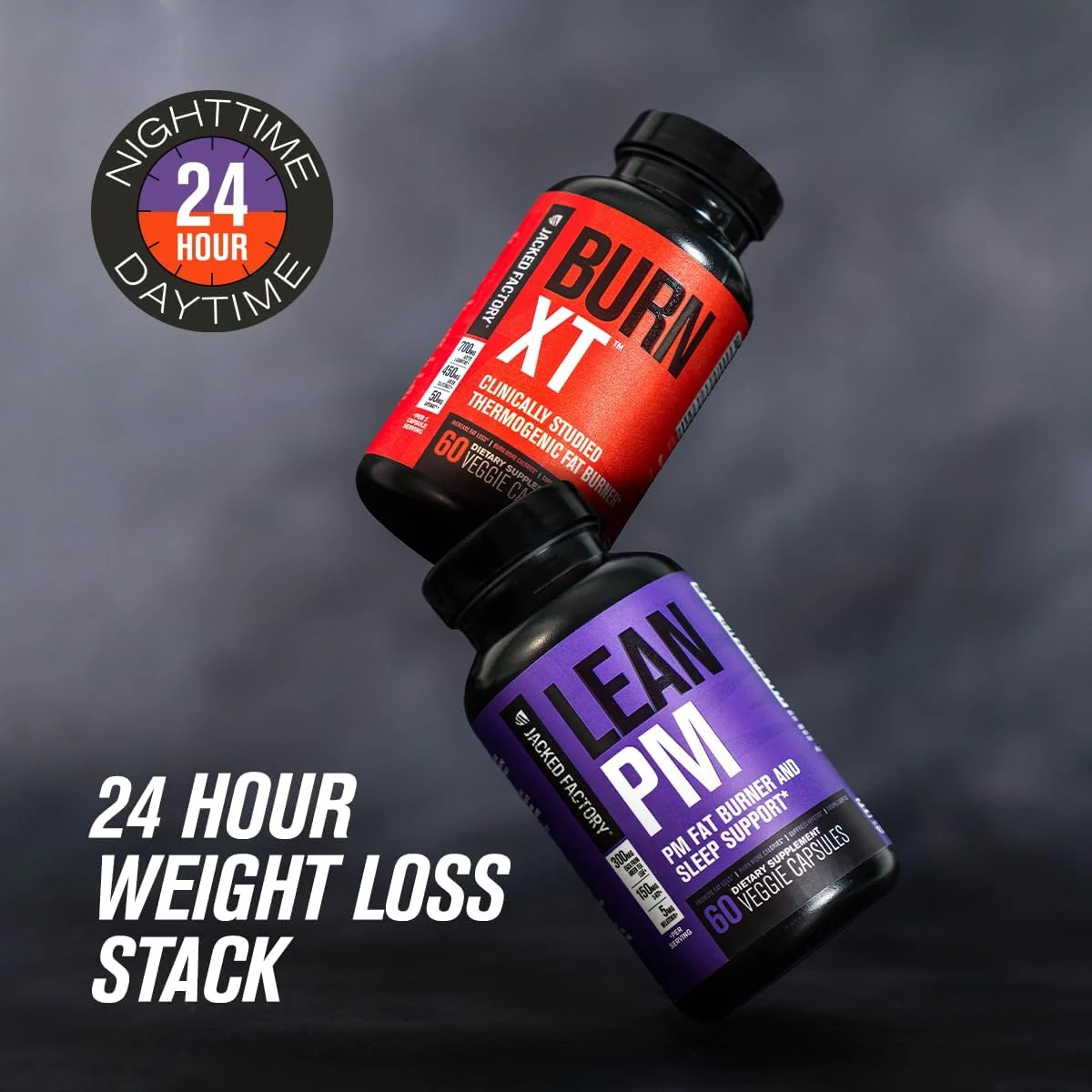 مجموعه ۲۴ ساعته کاهش وزن Jacked Factory شامل Burn-XT (۶۰ کپسول) + Lean-PM (۶۰ کپسول) + Lean-XT (۶۰ کپسول) به همراه چربی سوزهای ترموژنیک با مطالعات بالینی و کمک خواب برای کاهش وزن در شب