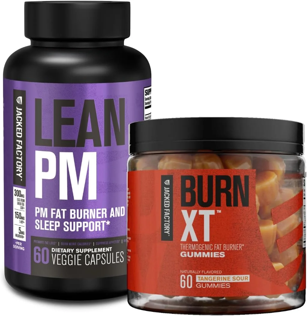 مکمل چربی سوز شبانه جکد فکتوری Lean PM، مکمل کمک خواب (60 کپسول) و پاستیل کاهش وزن Burn-XT - چربی سوز ترموژنیک و سرکوب کننده اشتها (نارنگی ترش، 60 پاستیل)