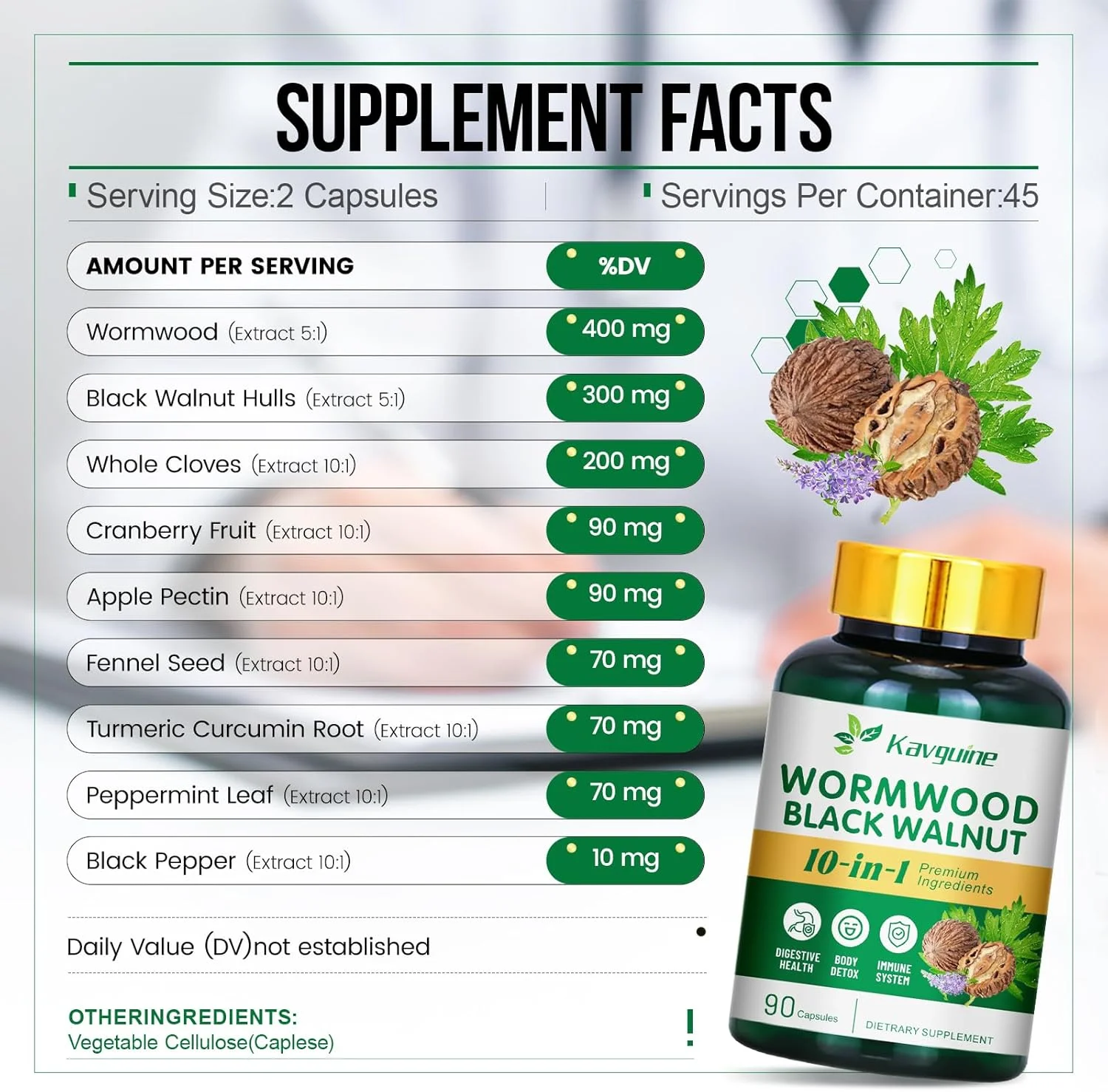 کپسول های درمنه 10 در 1 - مکمل 90 کپسولی، پوست گردوی سیاه، میخک، فلفل سیاه، ریشه زردچوبه، برگ نعناع فلفلی، پشتیبانی از سلامت روده و تعادل گوارشی