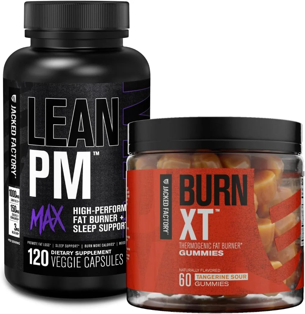 مجموعه Lean PM Max Jacked Factory - کاهش وزن با عملکرد بالا (120 کپسول) و پاستیل های کاهش وزن Burn-XT - پاستیل های ترموژنیک چربی سوز و سرکوب کننده اشتها (نارنگی ترش، 60 پاستیل)