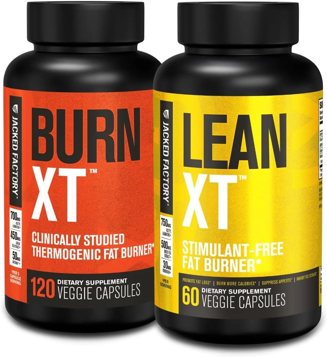 مکمل کاهش وزن و چربی سوز بالینی Burn-XT Jacked Factory - سرکوب کننده اشتها و تقویت کننده انرژی (120 کپسول) و چربی سوز بدون کافئین Lean-XT (60 کپسول)