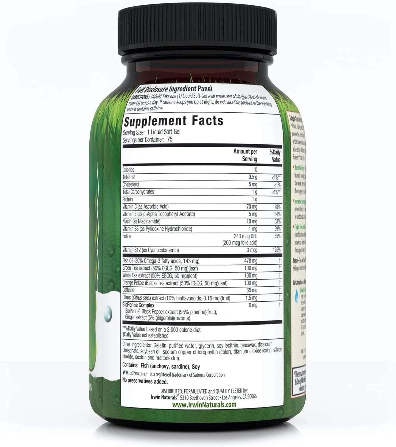 چربی سوز سه گانه چای ایروین نچرالز، 75 سافت ژل مایع