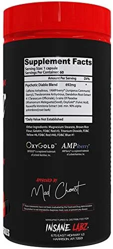 چربی سوز ترموژنیک Psychotic Diablo Labz Insane برای آقایان و بانوان حاوی عصاره دانه بهشتی، تئوبرومین و ریشه قاصدک تقویت شده با AMPiberry، سرکوب کننده اشتها - 60 سروینگ