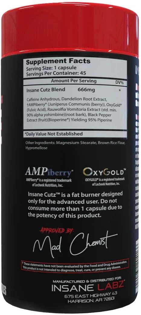 Insane Labz Insane Cutz چربی سوز قوی برای آقایان و بانوان، مکمل کاهش وزن ترموژنیک با عصاره ریشه قاصدک تقویت شده با AMPiberry، سرکوب کننده اشتها - 45 سروینگ روزانه (45 کپسول)