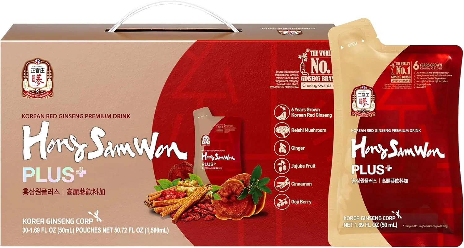 نوشیدنی جینسینگ قرمز کره‌ای هونگ سام وون جانگ کوان جانگ، دمنوش گیاهی مناسب گیاهخواران (30 عدد)