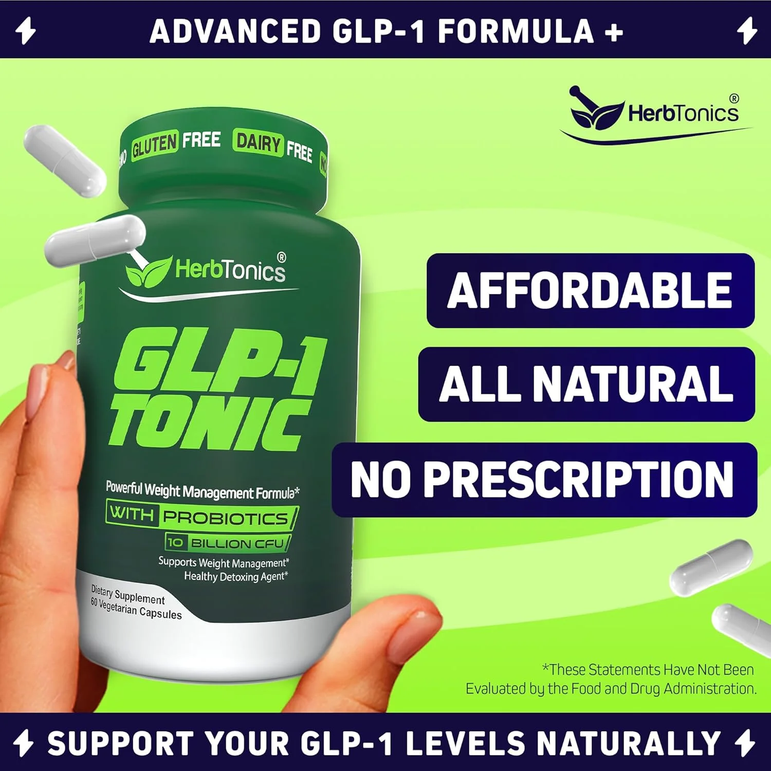 مکمل تقویت کننده وزن Herbtonics GLP-1 Tonic – پشتیبانی طبیعی GLP-1 با سرکه سیب، نمک های BHB و پروبیوتیک ها – پشتیبانی از تنظیم اشتها، متابولیسم، هضم و سم زدایی – 60 کپسول وگان