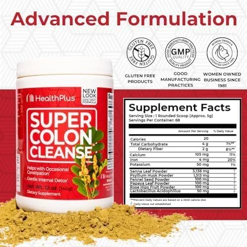 پودر پاک کننده روده بزرگ هلث پلاس، 340 گرم، 68 سروینگ - سم زدایی طبیعی، تسکین یبوست گوارشی، پاک کننده ملایم روده با پوسته پسیلیوم و برگ سنا