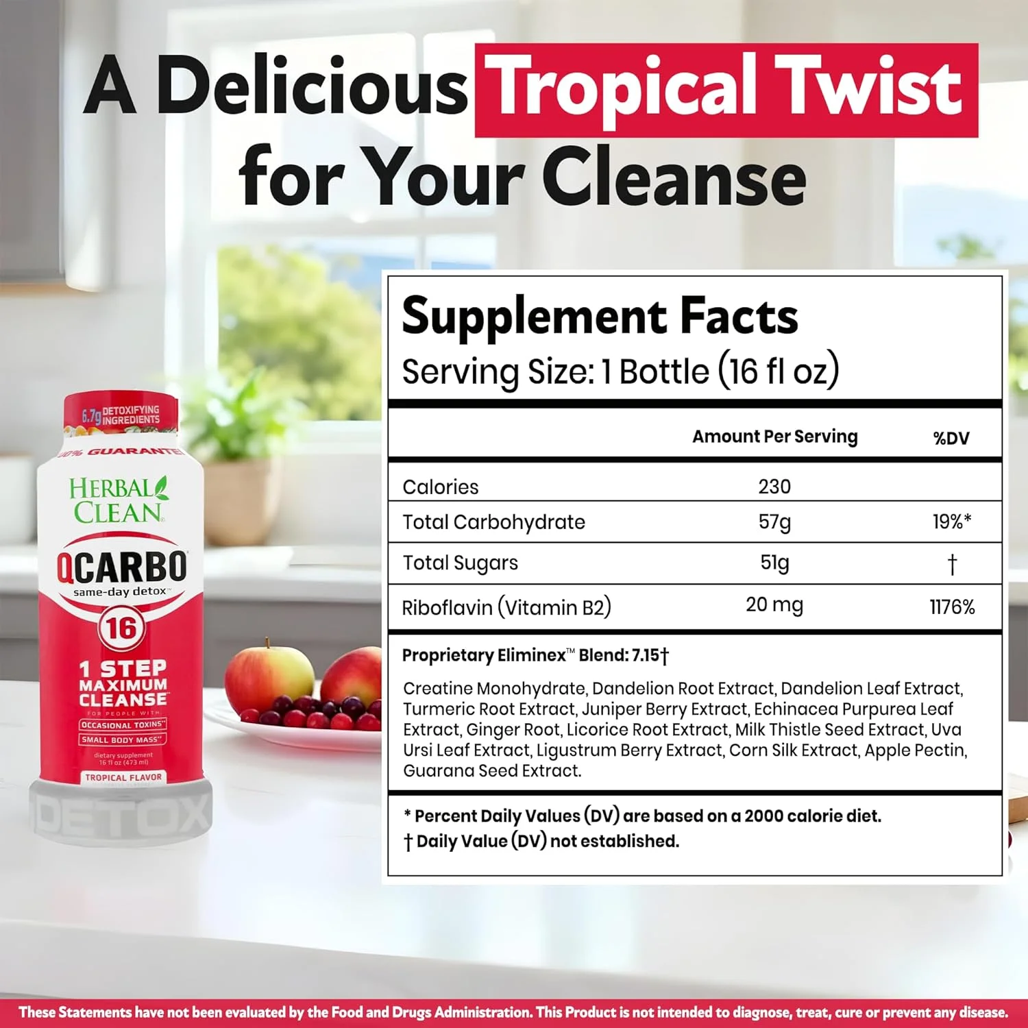 نوشیدنی پاک کننده بدن کیوکاربو 16 با طعم استوایی (473 میلی لیتر) - نوشیدنی سم زدای کامل بدن* حاوی ویتامین B2 و ویتامین B12 برای آقایان و بانوان