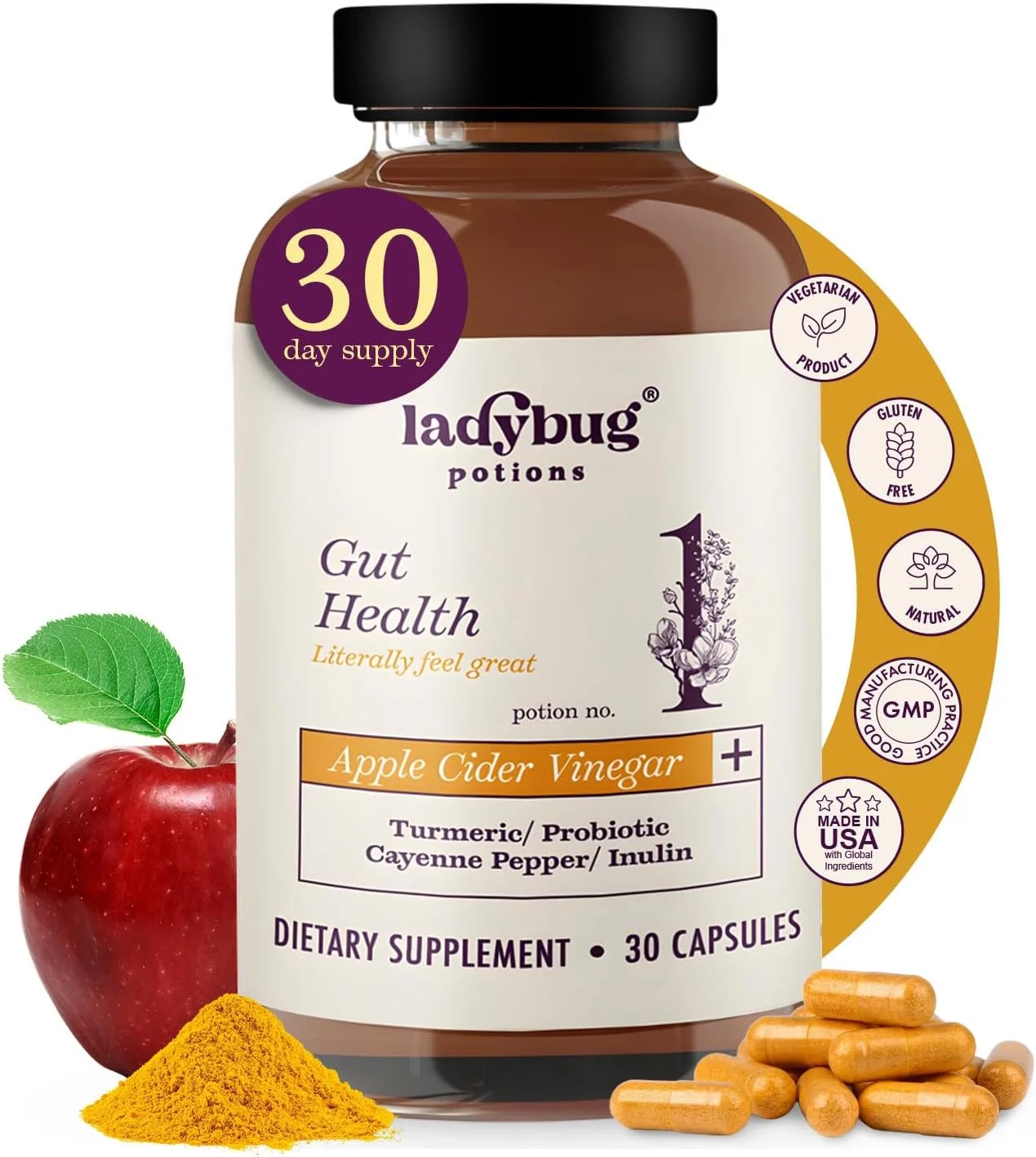 کپسول سرکه سیب ارگانیک، 30 عدد، کپسول های سرکه سیب ممتاز، قرص های ACV با عصاره ریشه زردچوبه، ترکیب پروبیوتیک، فلفل کاین، اینولین و فلفل سیاه برای هضم و سم زدایی