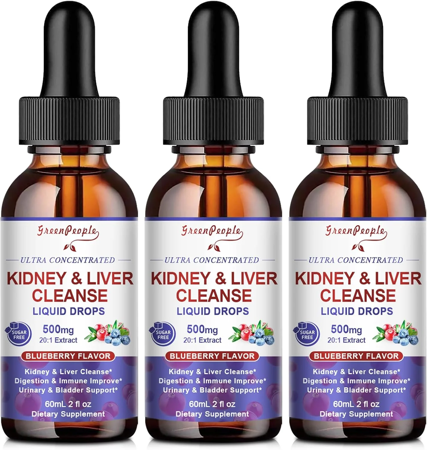 قطره های پاکسازی و ترمیم کلیه و کبد گرین پیپل - 27 در 1 حاوی عصاره کرن بری 20:1 و چانکا پیدرا، مکمل فاقد الکل برای حمایت از مجاری ادراری و کبد (بسته 3 عددی 2 اونسی، بلوبری)