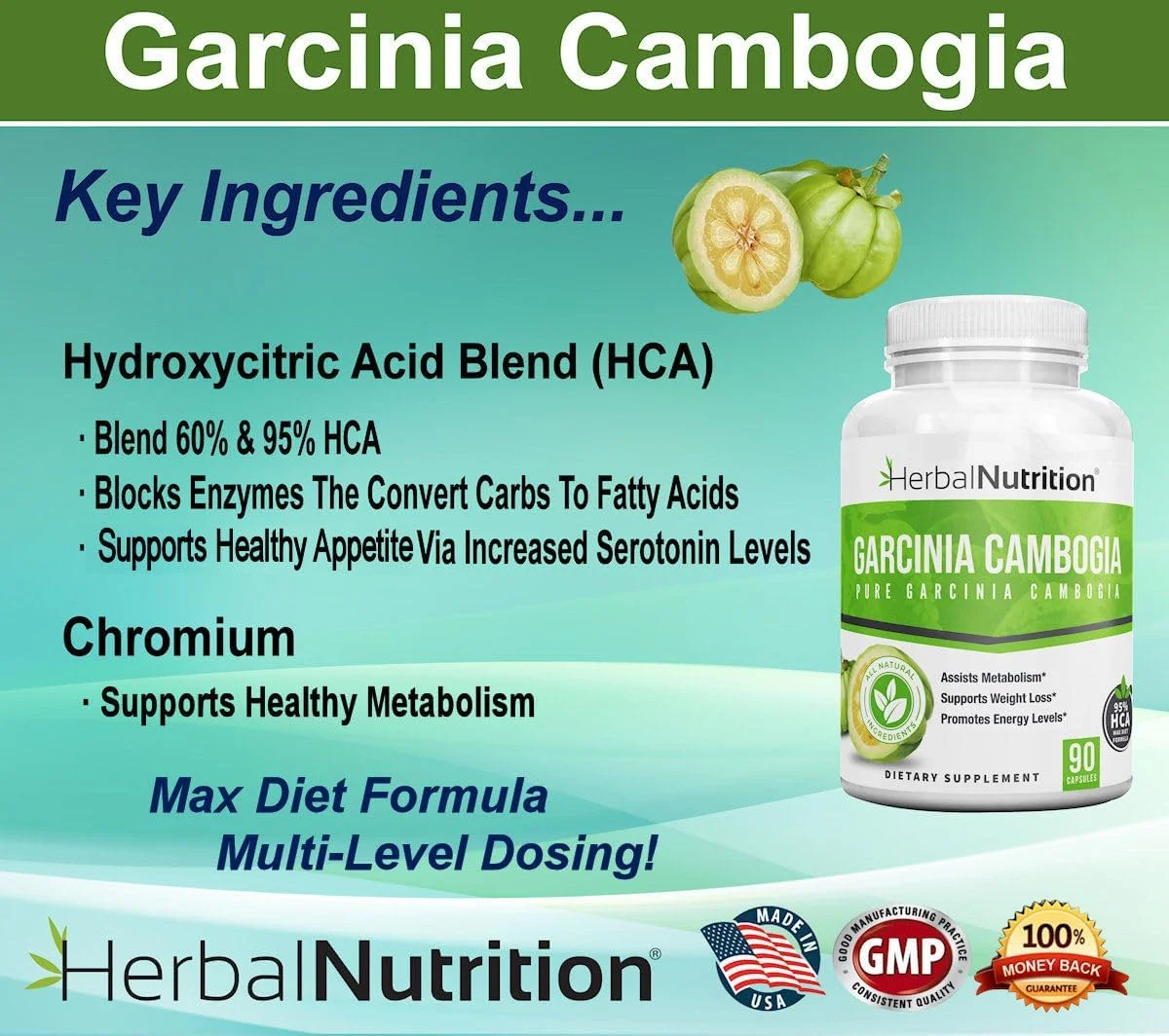 گارسینیا کامبوجیا نوتریشن گیاهی برای مدیریت وزن و مدیریت سنگ کلیه، 2 بطری 90 عددی، 180 کپسول، ترکیب 60% و 95% HCA، دوز مصرفی 700 میلی گرم - 2400 میلی گرم