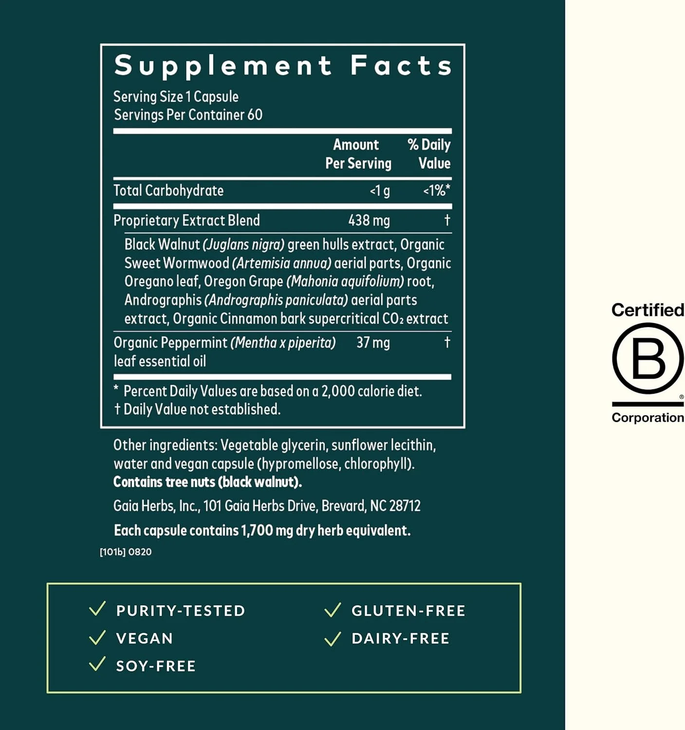پاک کننده میکروبیوم گیاهان Gaia - حاوی گردوی سیاه، درمنه شیرین، پونه کوهی و نعناع فلفلی - کمک به تعادل دستگاه گوارش و حمایت از سلامت دستگاه گوارش - 60 کپسول مایع گیاهی وگان (مناسب برای 30 روز)