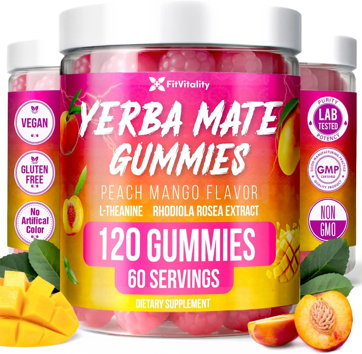 پاستیل یربا ماته 120 عددی – پشتیبانی از تمرکز و انرژی – فرموله شده با عصاره یربا ماته، ال-تیانین، رودیولا، جینسینگ، کولین، B12 – طعم هلو انبه – وگان، بدون گلوتن، غیر GMO