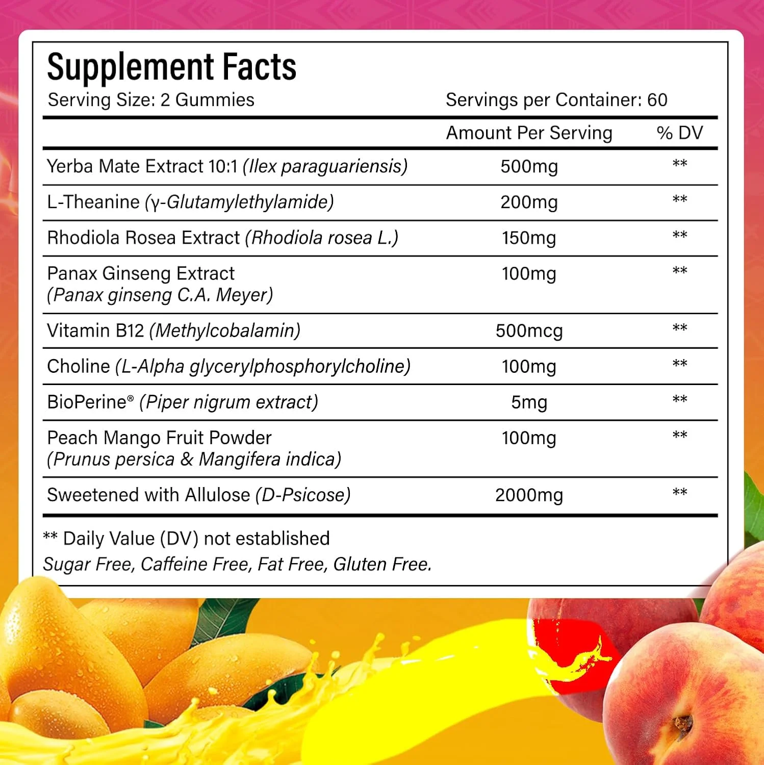 پاستیل یربا ماته 120 عددی – پشتیبانی از تمرکز و انرژی – فرموله شده با عصاره یربا ماته، ال-تیانین، رودیولا، جینسینگ، کولین، B12 – طعم هلو انبه – وگان، بدون گلوتن، غیر GMO