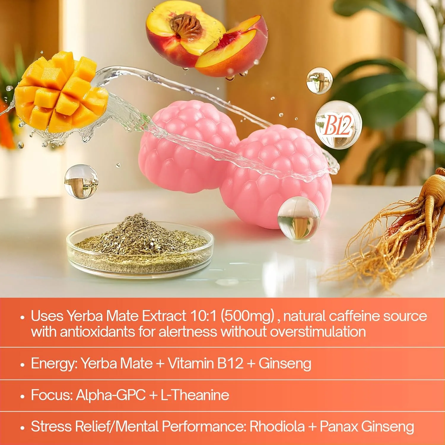 پاستیل یربا ماته 120 عددی – پشتیبانی از تمرکز و انرژی – فرموله شده با عصاره یربا ماته، ال-تیانین، رودیولا، جینسینگ، کولین، B12 – طعم هلو انبه – وگان، بدون گلوتن، غیر GMO