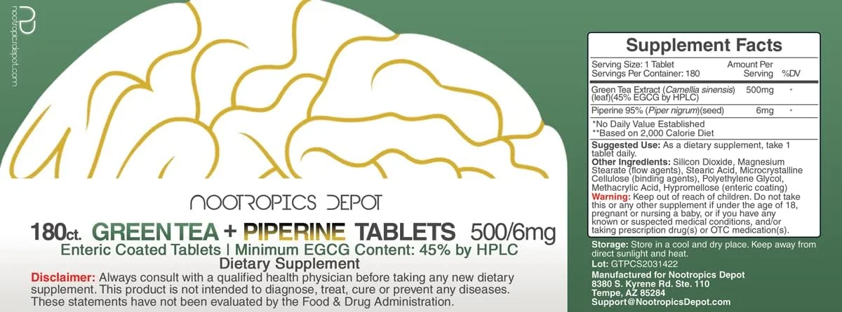 قرص های عصاره چای سبز نوتراپیکس دپو | 180 عدد | 500 میلی گرم | حداقل 45% EGCG + 6 میلی گرم پیپرین | روکش روده ای