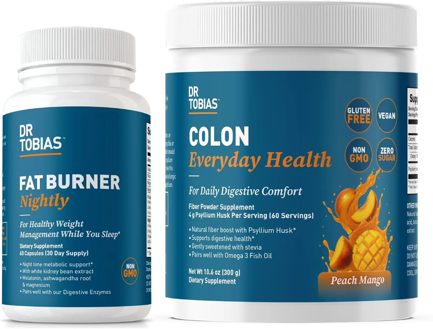 دکتر توبیاس چربی سوز شبانه و سلامت روزانه روده با طعم هلو و انبه - پشتیبانی از متابولیسم شبانه و نوشیدنی فیبر پسیلیوم روزانه برای سلامت دستگاه گوارش