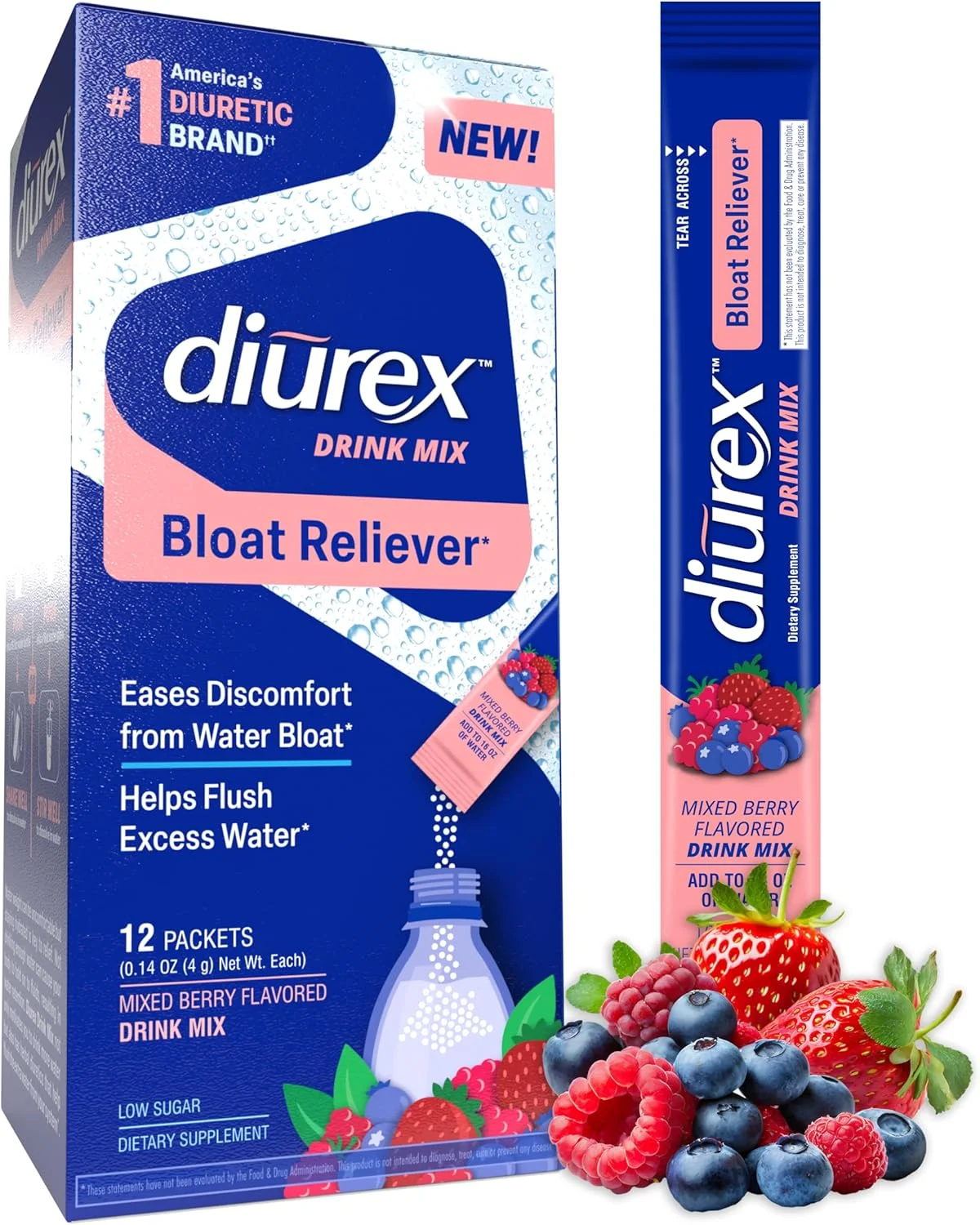 مخلوط نوشیدنی Diurex - مکمل ادرارآور - طعم توت مخلوط - تسکین نفخ با ترکیب اختصاصی Diurex - تک نفره - بسته 12 عددی